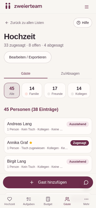 Gästeverwaltung & Zu-/Absagen