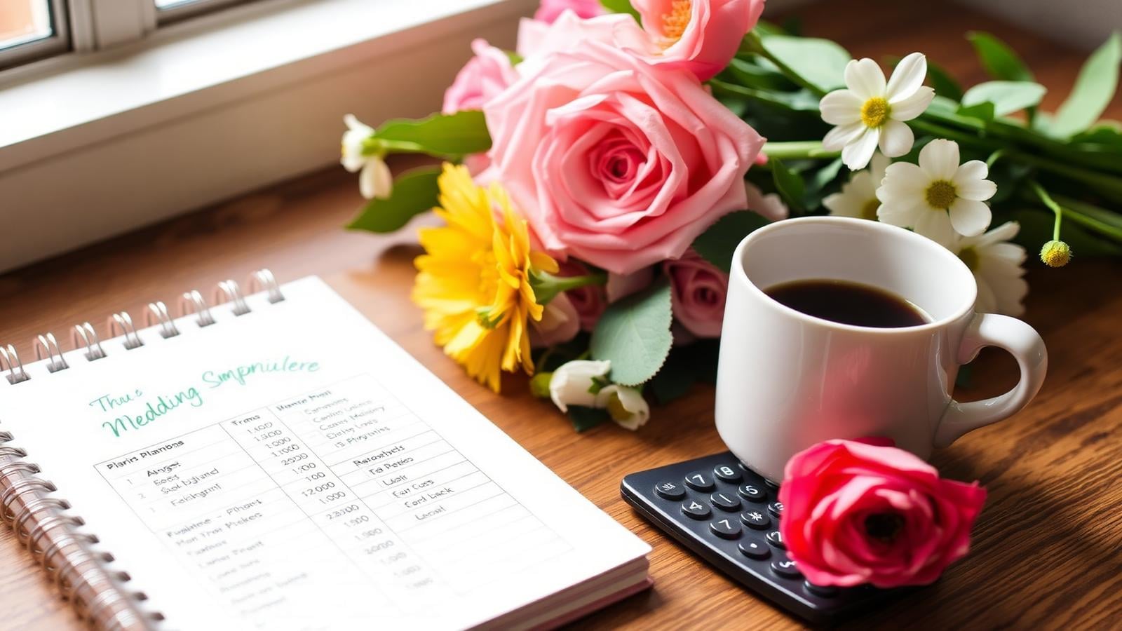 Hochzeitsbudget-Notizbuch mit Taschenrechner und Blumen