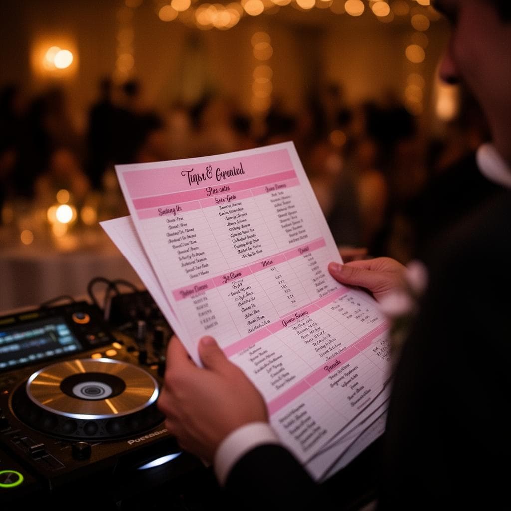 DJ hält eine gedruckte Gästeliste mit Sitzplan in der Hand auf der Hochzeit