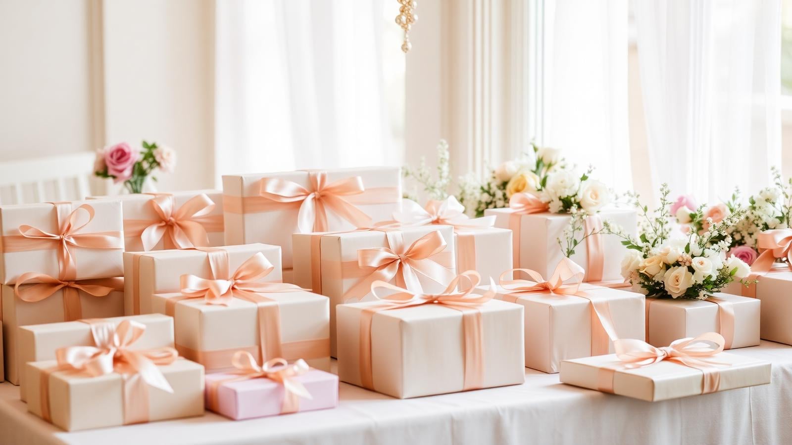 Schön drapierte Hochzeitsgeschenke mit Schleifen und Blumen