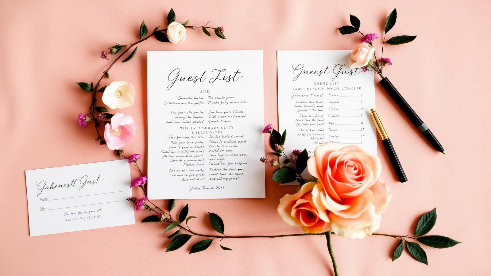 Eleganter Gästelisten-Entwurf mit Kalligrafie und Rosen