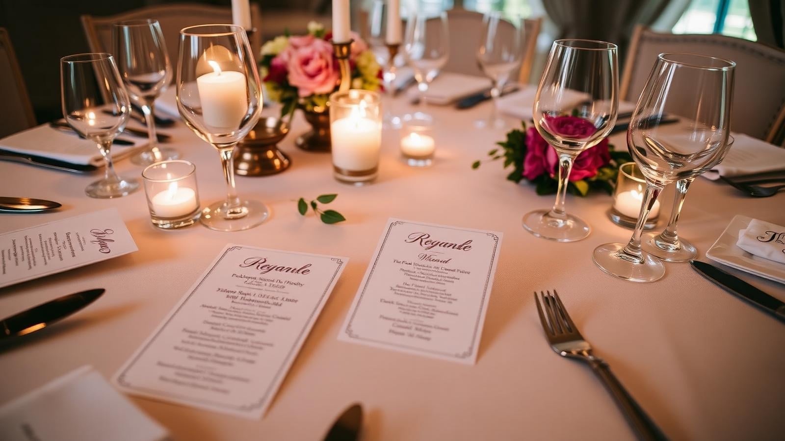 Festlich gedeckte Hochzeitstafel mit Menükarten und Kerzen