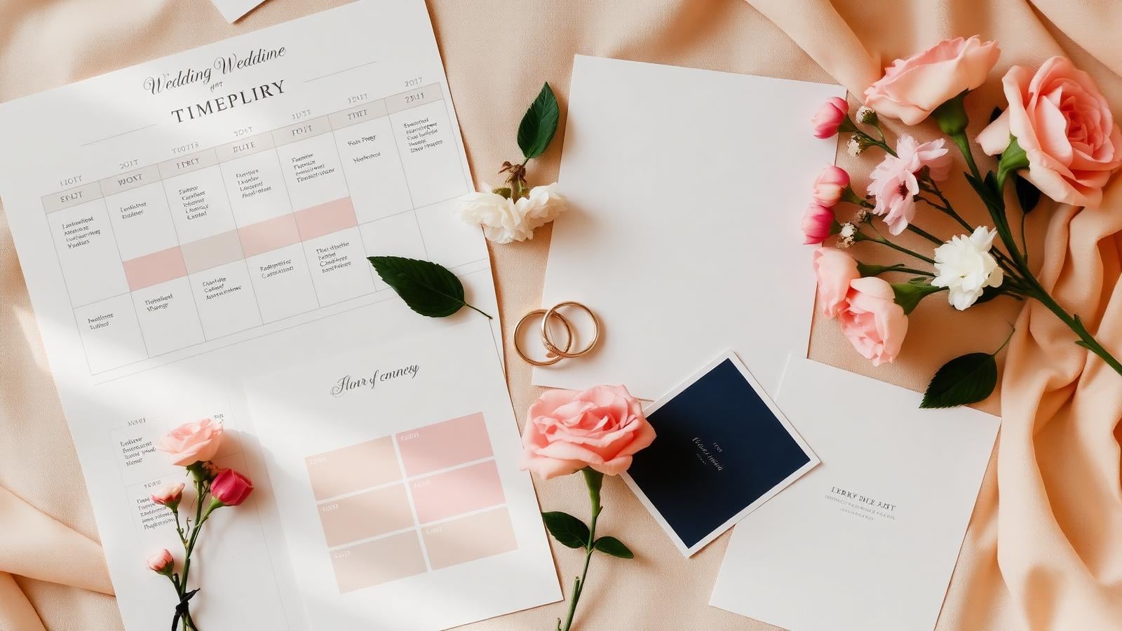 Eleganter Überblick: Wedding-Timeline mit Ringen und Blumen