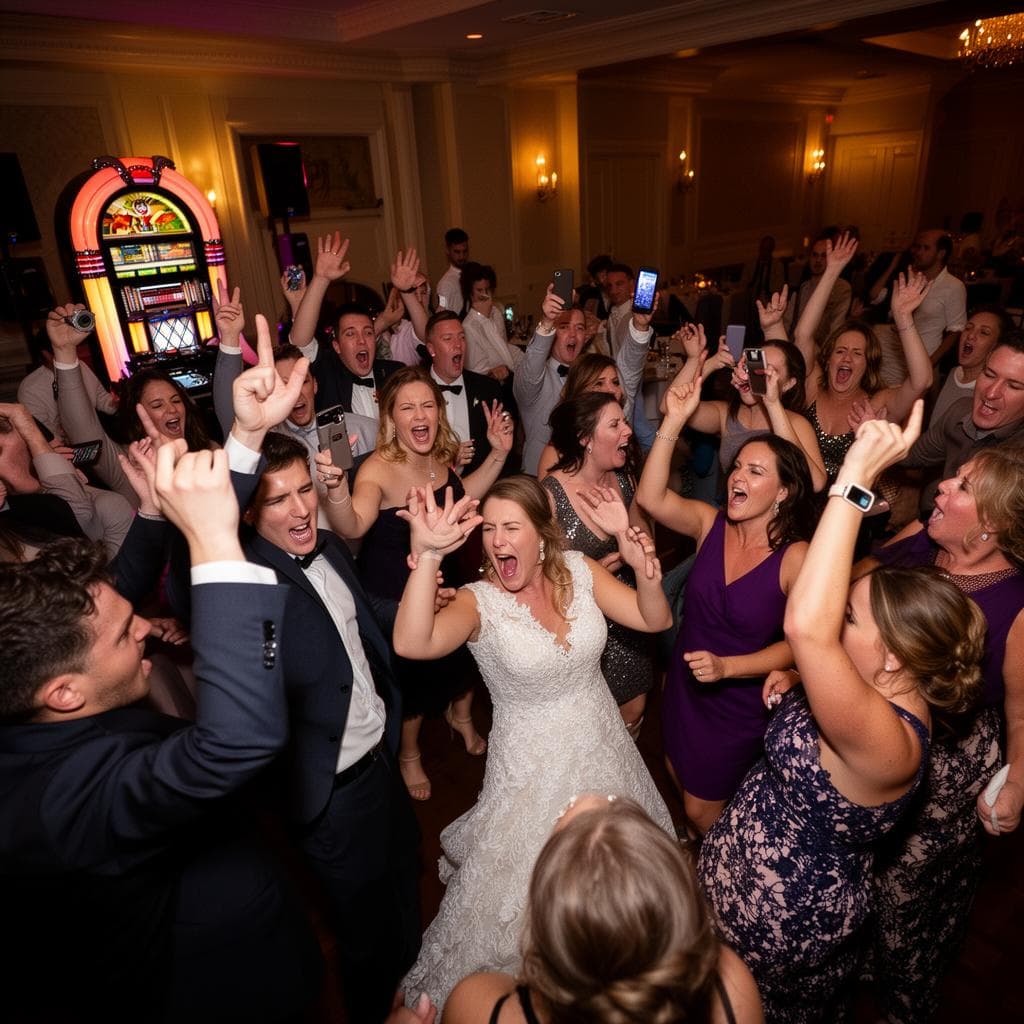Hochzeitsparty mit Jukebox 3000 und jubelnden Gästen