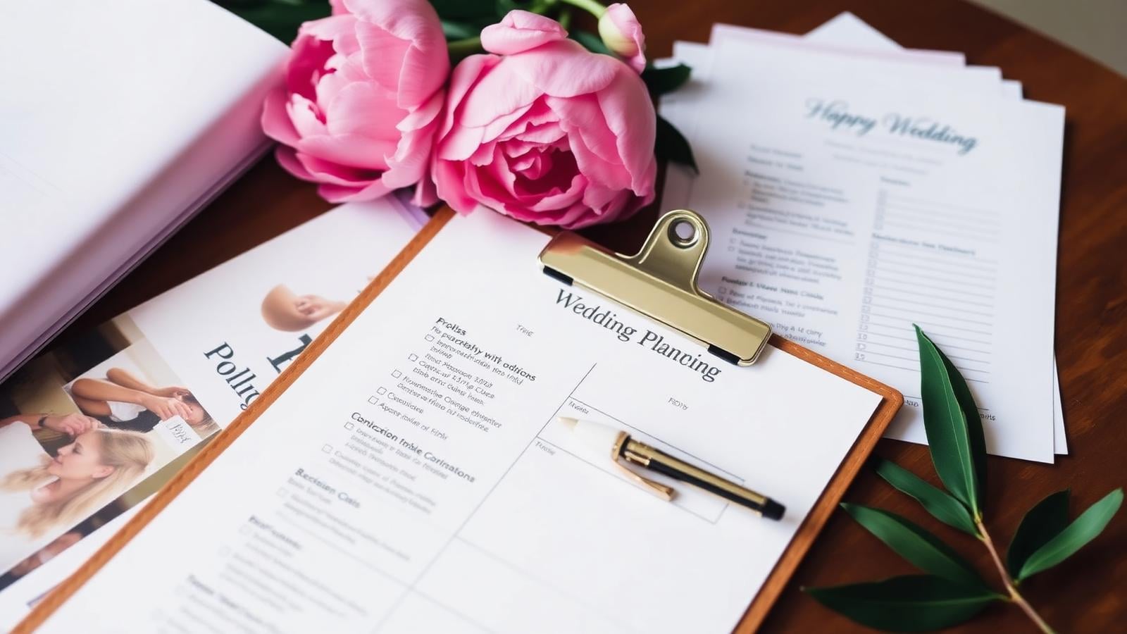 Hochzeitsplanungs-Checkliste auf Klemmbrett mit Pfingstrosen