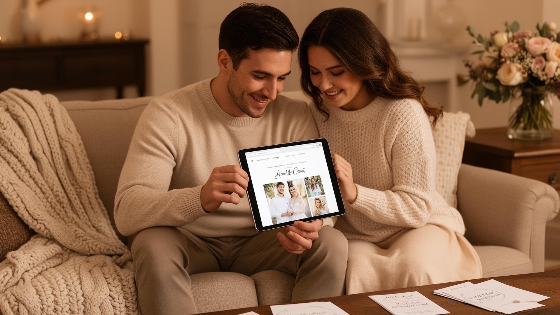 Paar gestaltet gemeinsam ihre Hochzeits-Website auf dem Tablet