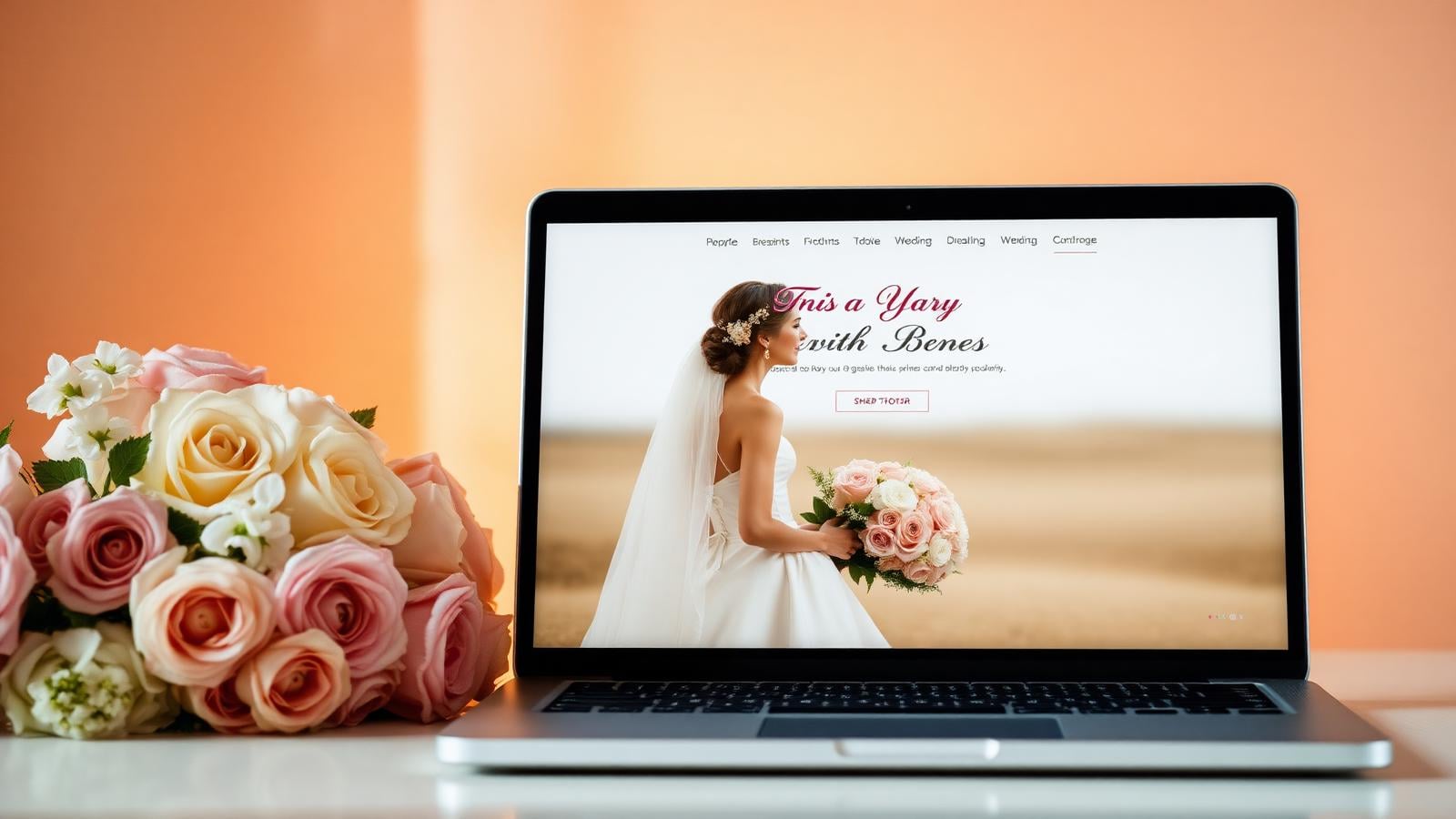 Eleganter Laptop mit Hochzeits-Website und Blumenstrauß