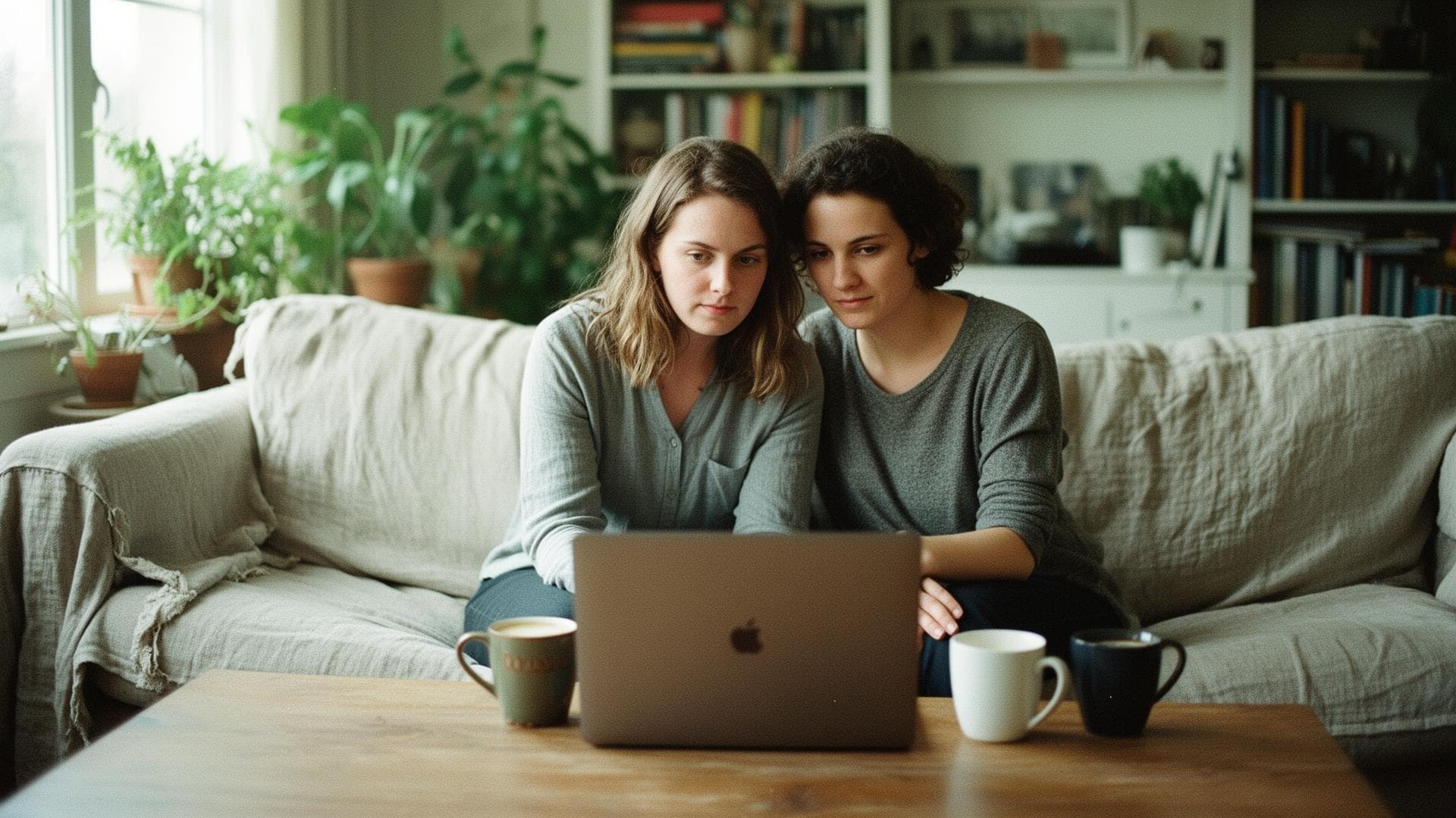 Paar plant gemeinsam zuhause am Laptop ihre Hochzeit