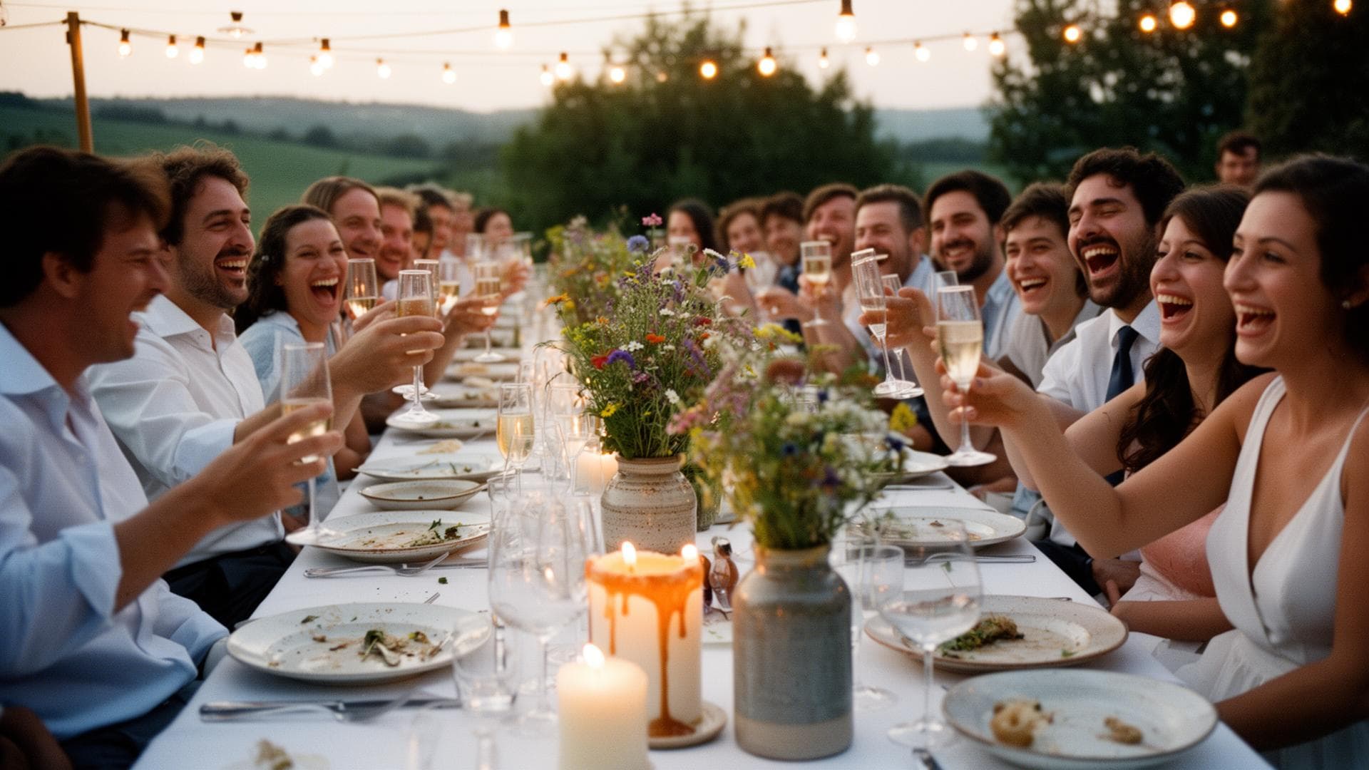 Festlich gedeckte Hochzeitstafel mit jubelnden Gästen