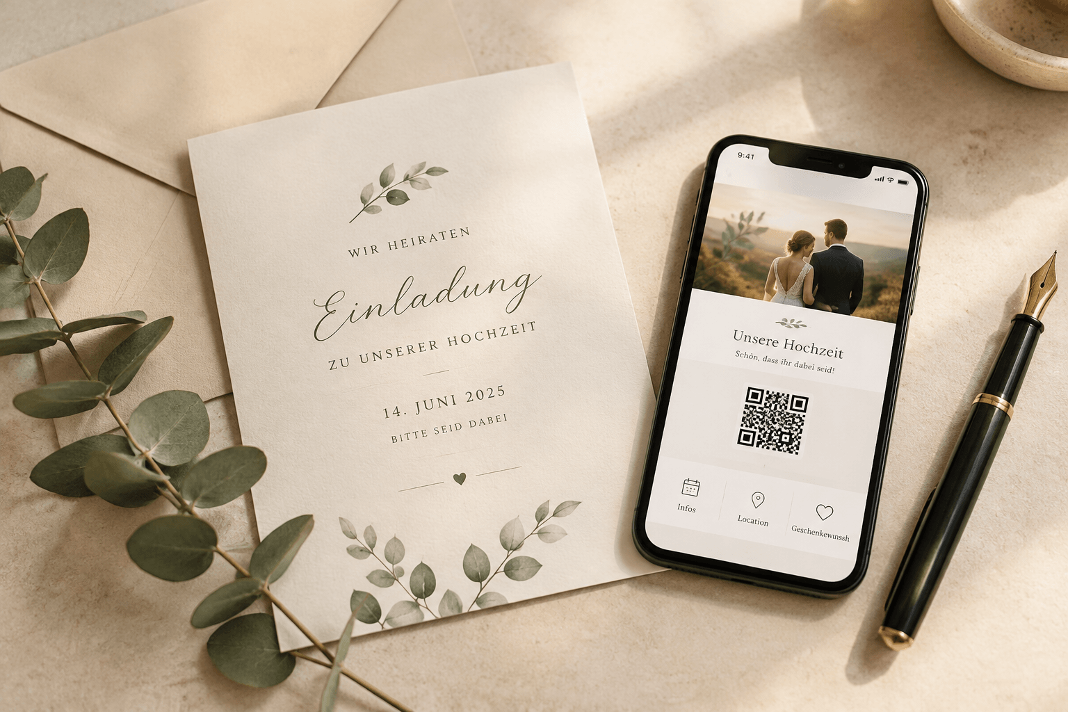 Gedruckte Hochzeitseinladung neben Smartphone mit geöffneter Hochzeitswebsite und QR-Code