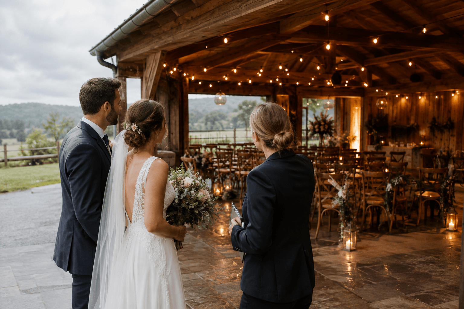 Brautpaar betrachtet gemeinsam den vorbereiteten überdachten Plan-B-Bereich einer Outdoor-Hochzeit
