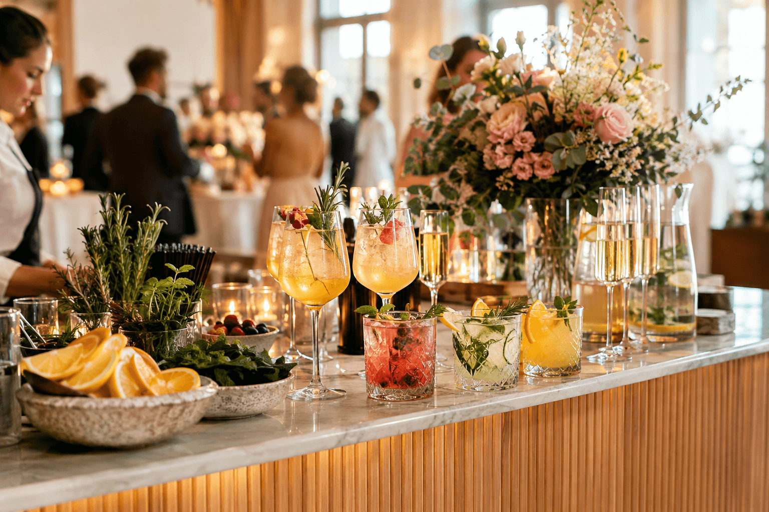 Festliche alkoholfreie Bar auf einer Hochzeit mit Mocktails und prickelnden Getränken