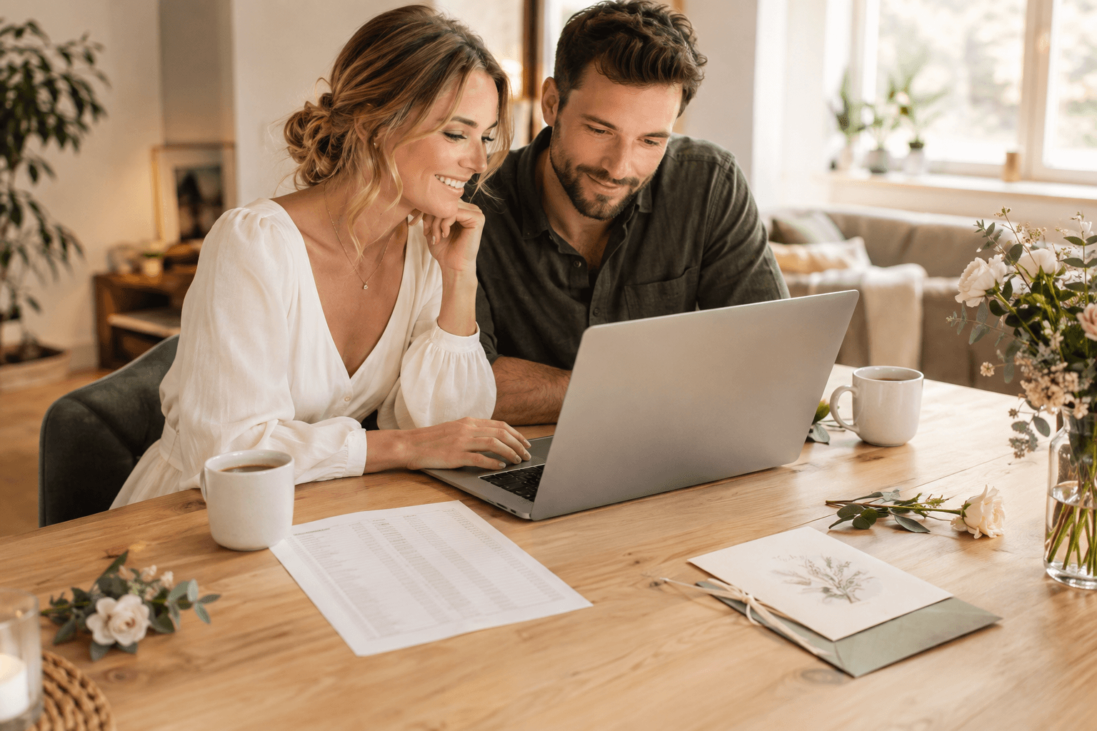 Brautpaar erstellt am Laptop einen RSVP-Fragebogen für seine Hochzeit