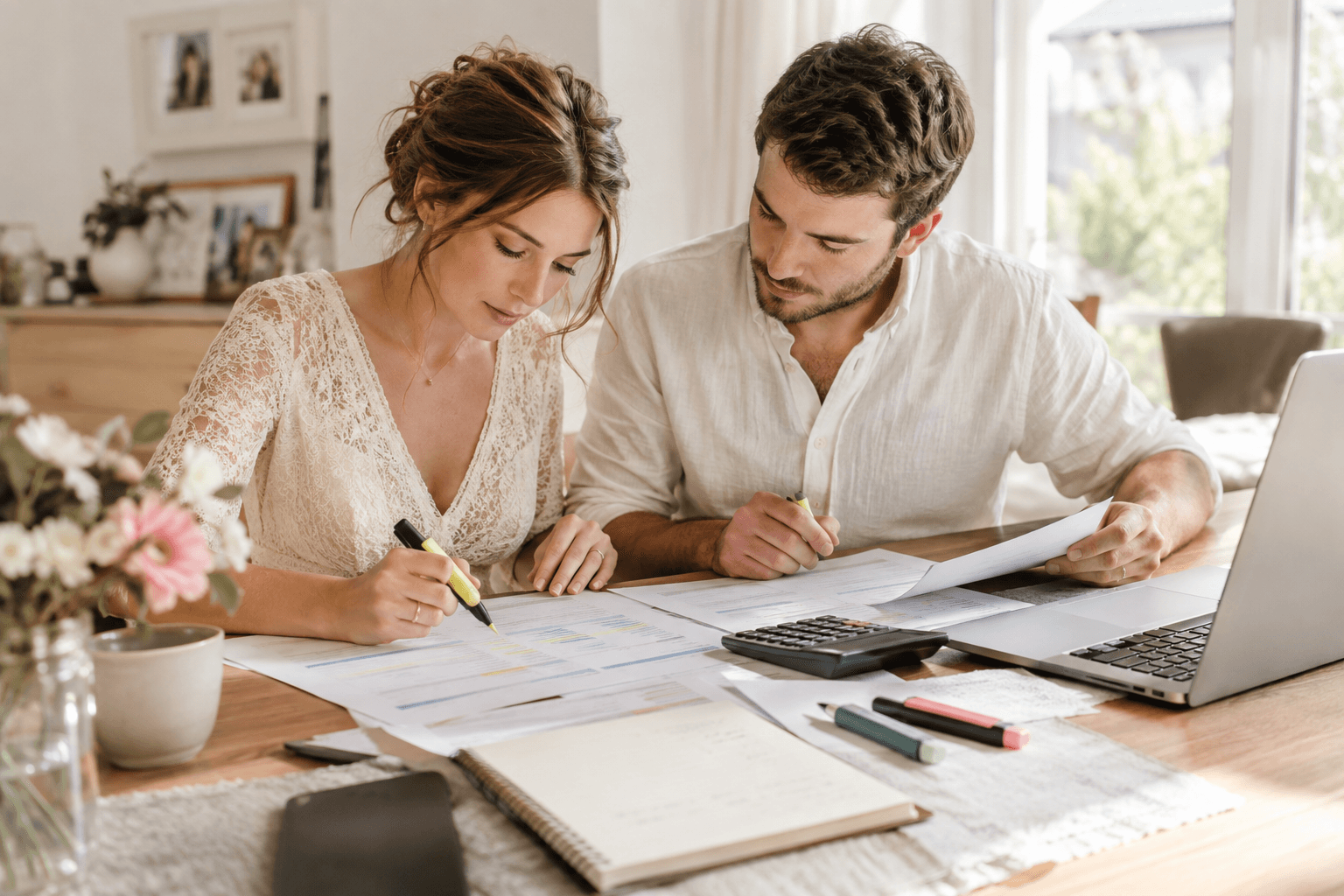 Brautpaar vergleicht ausgedruckte Hochzeitsangebote mit Taschenrechner und Textmarker