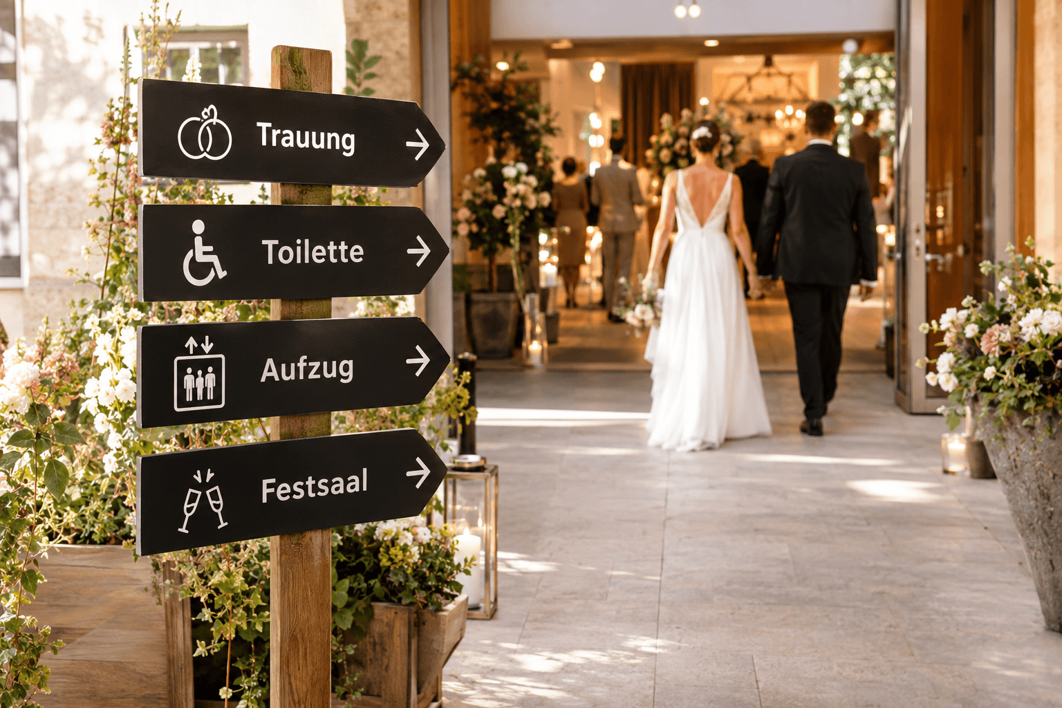 Kontrastreiche Hochzeitsschilder weisen den stufenlosen Weg zu Trauung, Toilette und Festsaal