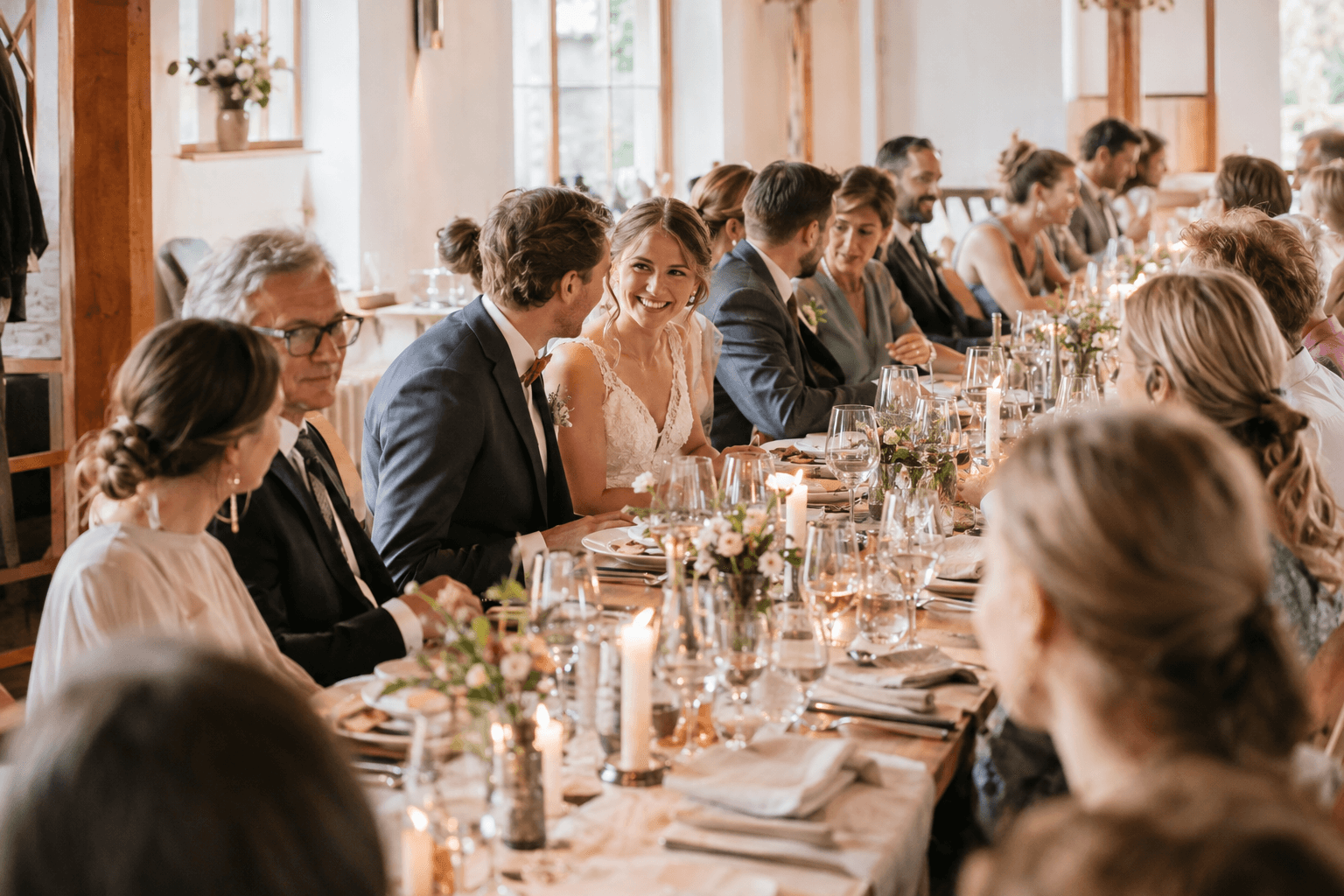 Brautpaar mit seinen Gästen an einer langen, festlich gedeckten Tafel