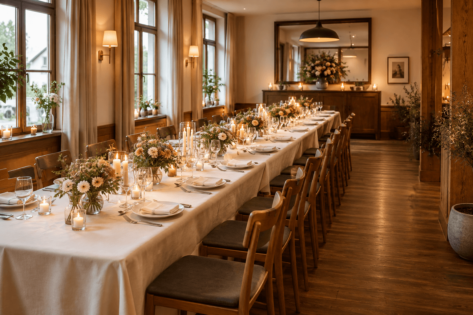 Festlich gedeckte lange Hochzeitstafel in einem kleinen Restaurant