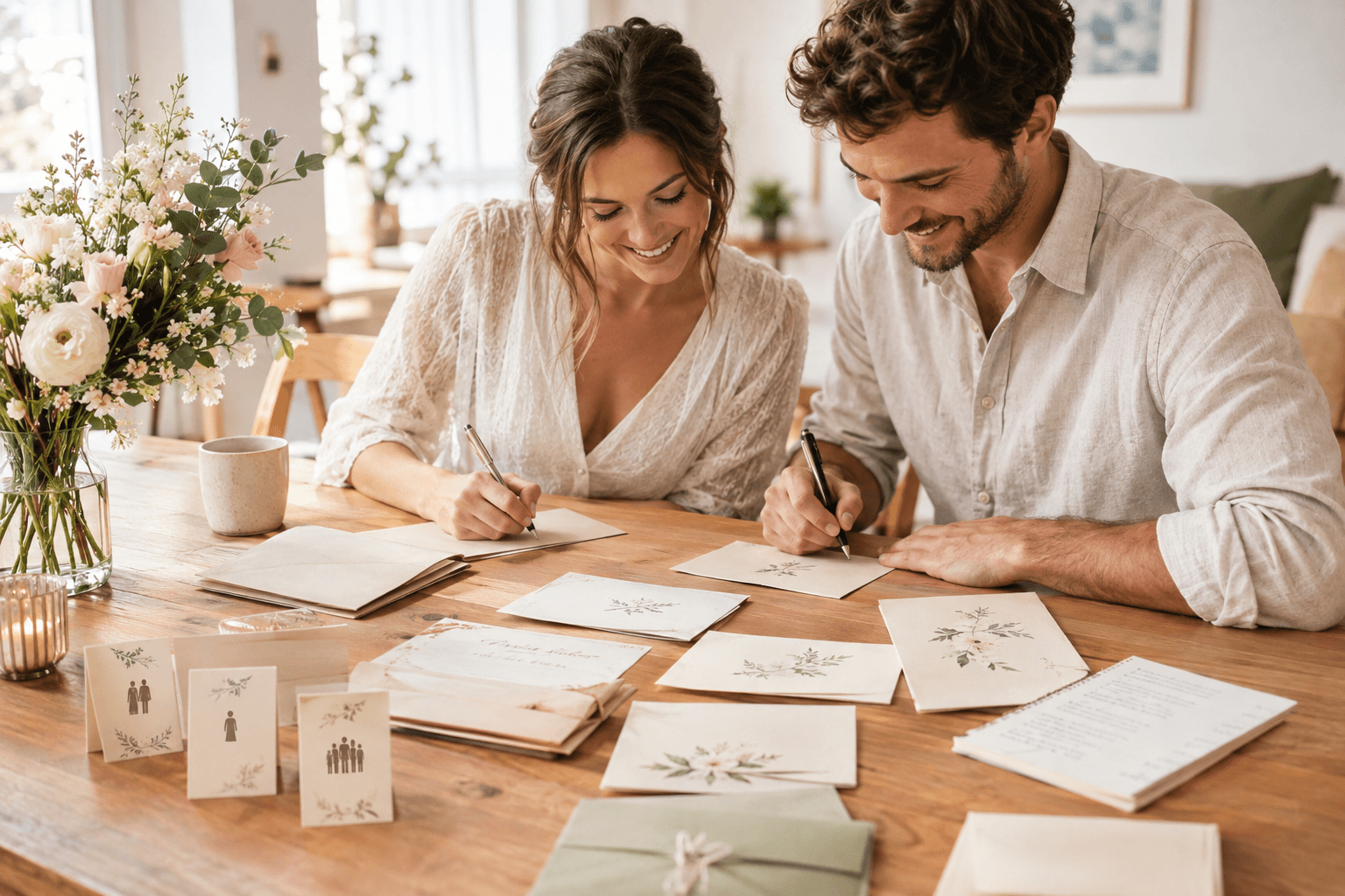 Brautpaar beschriftet Hochzeitseinladungen für Paare, Einzelpersonen und Familien
