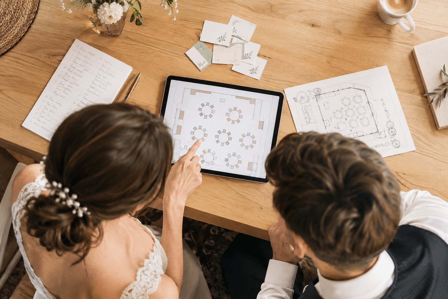 Brautpaar plant die Tischordnung seiner Hochzeit digital
