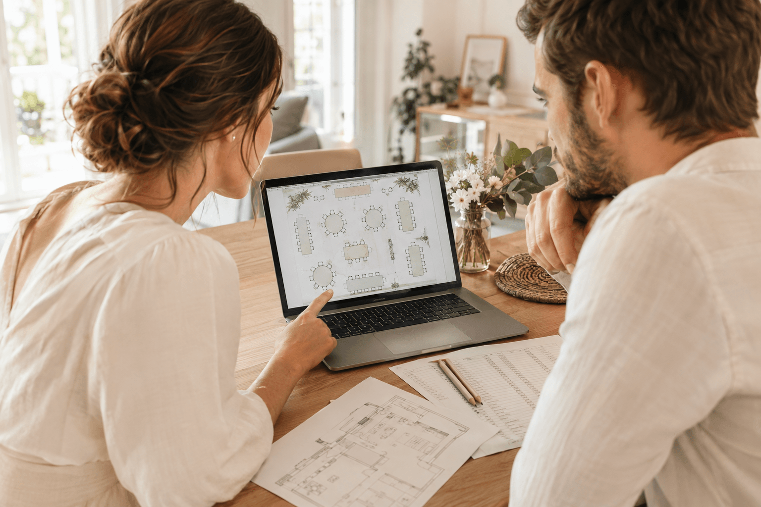 Brautpaar erstellt gemeinsam einen digitalen Sitzplan für seine Hochzeit